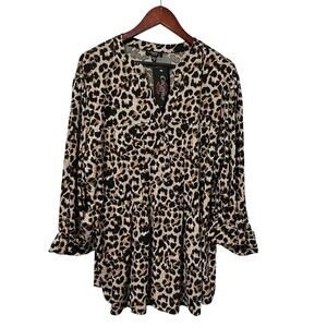 Cocomo Artsy Animal Print Jersey Top Size‎ 3X Black Roll Tab Sleeve Career NWT